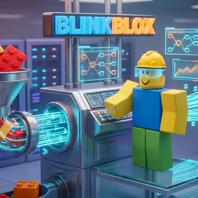 A Roblox builder feeding bricks into a machine that turns them into streams of data.